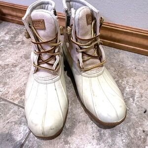 Sperry Women's Duck Boots Waterproof Cream Tan Lace Up Zip Size 7.5